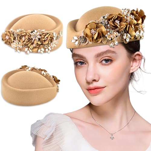 NARUNING Womens Retro Stewardess Felt Hat British Berets Rhinestone Flower Decor Ladies Church Derby Hat Elegant Ceremonial Hats (Khaki)