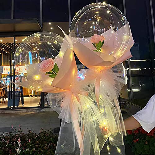 3 Packs LED Luminous Balloon Rose Bouquet, Mother's Day Balloons, Floral Bouquet, Light Bobo Balloons with Flower, Light Up Balloons, Clear Balloons with Lights for Stuffing, DIY Bouquets for Valentine's Day Mother's Day Wedding Anniversa