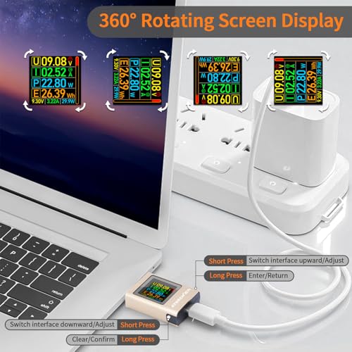 Image of USB C Power Meter Tester, Multimeter 4.5-50V 0-12A Two-Way Measurement Gravity Sensor Voltage Current Capacity Amp Volt Voltmeter Ammeter Digital Tester for Chargers Power Bank Cable Copper