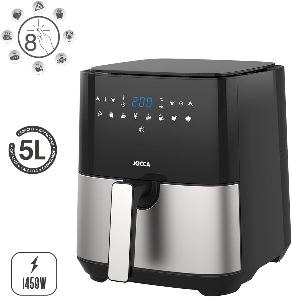 JOCCA Air Fryer with 5L capacity and 1450W power icons