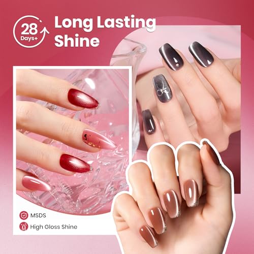 Image of Beetles Cat Eye Gel Nail Polish Set, 6 Colors Porcelain Glow Glitter Gel | Glass Gel Polish Kit Silver Red Brown Black Pink Magnetic Effect Soak Off UV Gift for Women