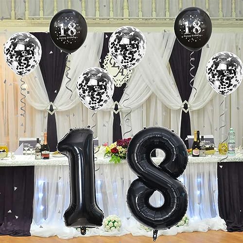 Image of 18th Birthday Decorations for Boys & Girls - 40 Inch Foil Number 18 Balloon, Black & Metallic Latex Balloons, Confetti, Set for 18 Years Old Birthday