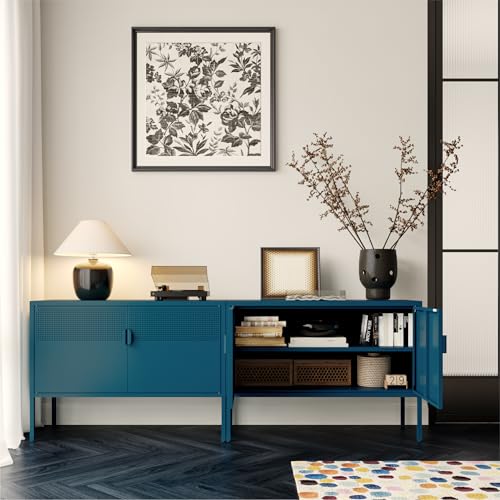 Image of COFaR TV Stand for TVs up to 75 Inch, 40 Inch Media Console with Ventilation Doors, Metal Entertainment Center with Adjustable Shelves & 120Lbs Storage for Living Room & Bedroom, Peacock Blue