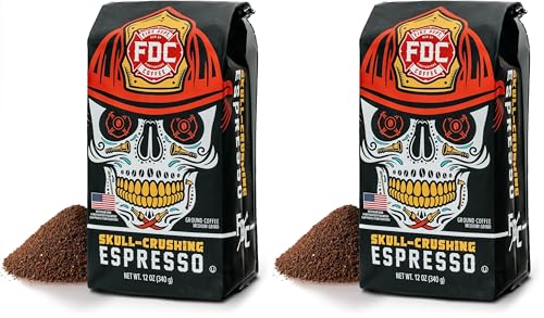 Image of Fire Department Coffee Skull-Crushing Espresso Dark Roast Ground Coffee - 12 oz (2 Pack) - Gives Back to Firefighters - Roasted in the USA - Veteran Owned