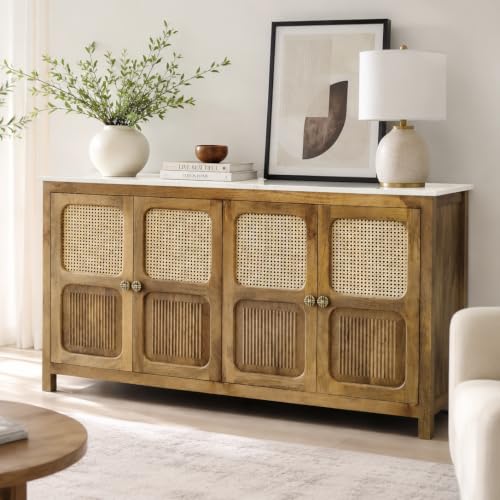 Image of The Attic Crestwood Solid Wood Sideboard Cabinet with Cane Doors | Storage & Display Cabinet for Living Room & Dining Room | Handcrafted Mango Wood, Light Teak Finish