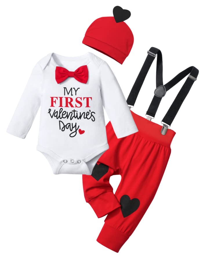 Image of Ribabz Baby Boy Valentines Day Outfit, Cute Letter Printed Long Sleeve Romper with Bow Tie + Pants + Hat 3Pcs Set
