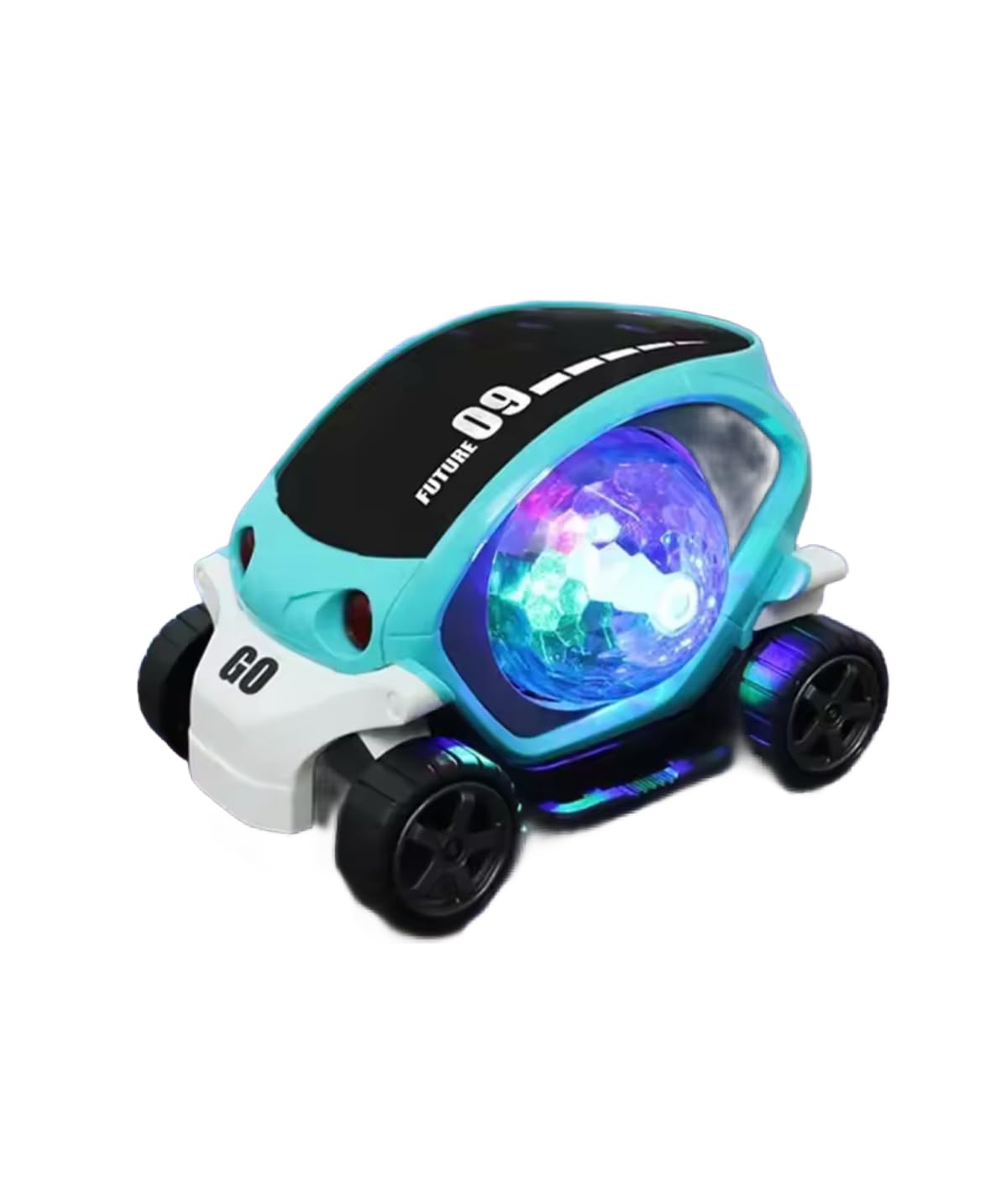 Electronic Sensory Car Toy with LED Lights, 360-Degree Rotating Wheels, Musical Sounds, Battery Powered Vehicle for Toddlers and Crawling Babies, Turquoise and White (Blue)