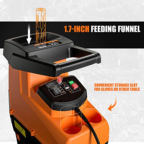 TACKLIFE Electric Wood Chipper, Garden Shredder, Silent Wood Shredder, 15Amp Power, Max 1.77-Inch Cutting Capacity, 60L Collection Sac, Quiet Motor, Adjustable Cutting Blad