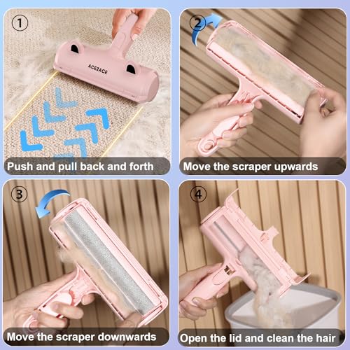 Image of ACE2ACE Pet Hair Remover Roller, Reusable Animal Hair Removal Brush for Dogs and Cats, Self Clean Pet Fur from Carpet, Furniture, Rugs, Laundry, Clothes and Bedding, Sofa, Pink