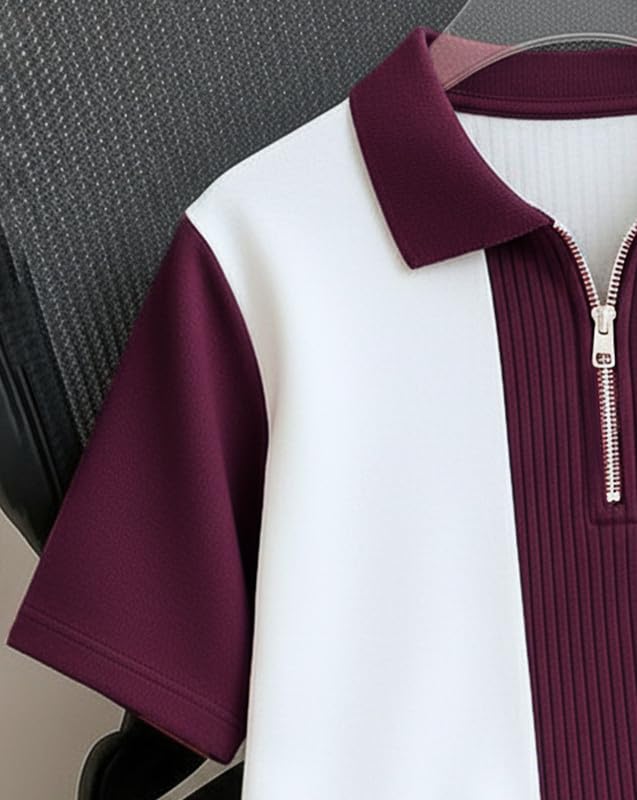 Image of AUSK Men's Textured Vertical Striped Knit Polo T-Shirt | Half Sleeve Zipper Neck Self-Design Casual Tee | Mens Tshirts