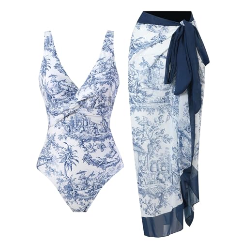 YUNAR Women's One-Piece Swimsuit Set with Sarong Floral Print High-Cut Monokini with Matching Cover Up Beach Swimwear