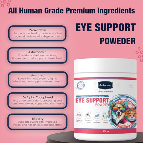 Image of Aniamor Eye Support Powder for Dogs and Cats | Dogs Eye Supplements | Dog Eye Allergy Relief | Chicken Flavor | Dog Tear Stain | All Life Stage |200gm Jar