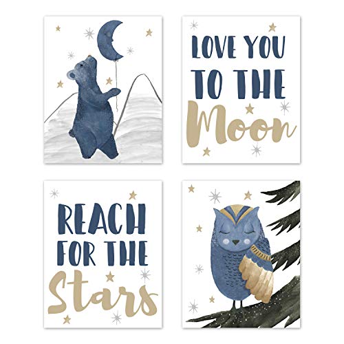 Image of Sweet Jojo Designs Woodland Bear and Owl Wall Art Prints Room Decor for Baby, Nursery, and Kids - Set of 4 - Navy Blue, Grey, Gold and Black Celestial Moon Star Watercolor Forest Animal