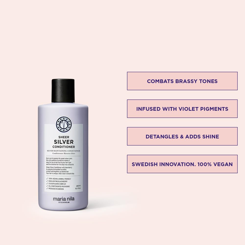 Maria Nila Sheer Silver, Neutraliza los tonos dorados, Los pigmentos violetas aportan un tono frío, 100% vegano y libre de sulfatos/parabenos