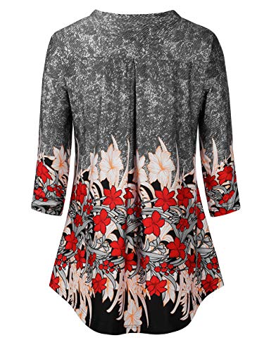 Baishenggt Womens 3/4 Sleeve Shirt V Neck Blouses Tops Medium Grey Flower #TOP1