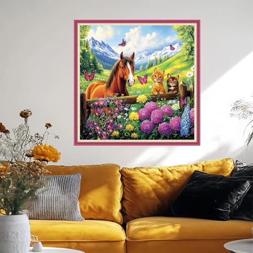 Image of Fanxvivy Stamped Cross Stitch Kits for Beginners Full Range of Cross Stitching Preprinted Embroidery Kits for Adults, 11CT Embroidery Pattern Needlepoint Kits-Grassland Steed Cat 18x18 inch