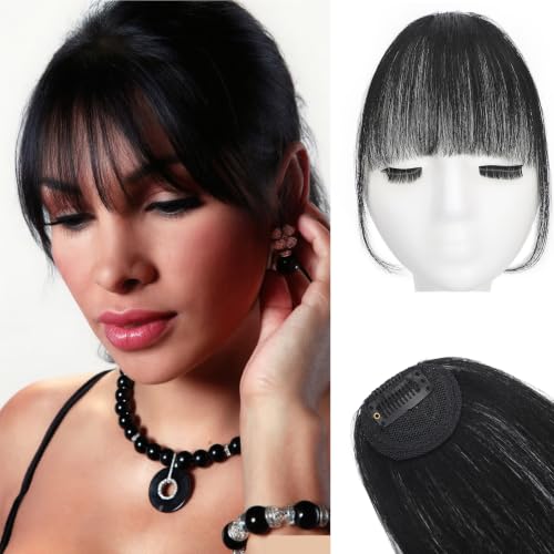 QingChang Clip on/Clip in Bangs Real Human Hair Wispy Fake Bangs for Women Jet Black (#1) Lightweight