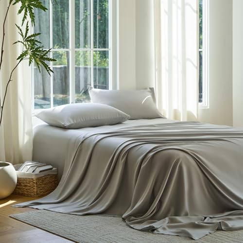 Image of DOZ Sheet Set, 100% Viscose derived from Bamboo, Organically Grown, Buttery Soft, Cooling Sheets, High GSM, Deep Pockets - 4 Piece - 2 Pillowcases 1 Fitted 1 Top Sheet (Dove, Queen)