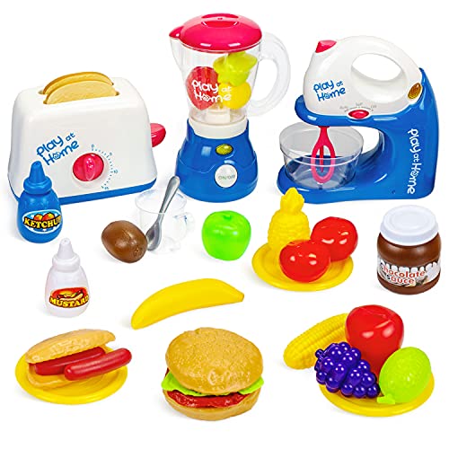 Kids Kitchen Pretend Play Toys Set with Toaster, Juicer and Mixer, Kitchen Appliances Toy Food Accessories Cooking for Kids Toddlers, Learning Gift for Girls Boys Includes Plates Utensils