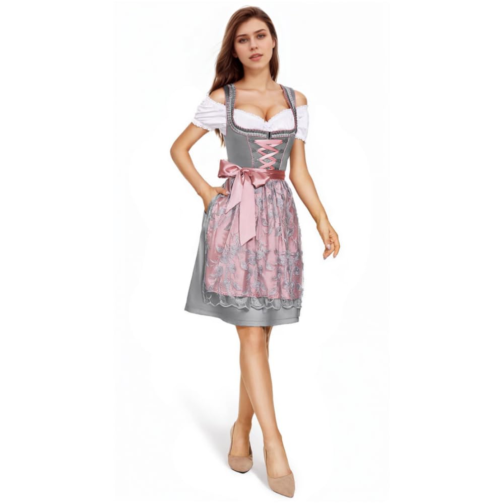 Dirndl Damen Midi Lang Dirndl Trachtenkleid Damen Dirndlkleid mit Spitze Trachtenmode inkl Dirndlbluse Dirndlschürze 3 teilig für Oktoberfest Karneval Besondere Anlässe