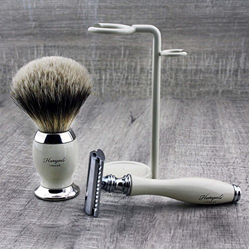 Haryali London - Set di 3 rasoi da uomo, con spazzola in pizzo argentato, con rasoio a doppio angolo, perfetto come regalo, rasatura bagnata, colore avorio