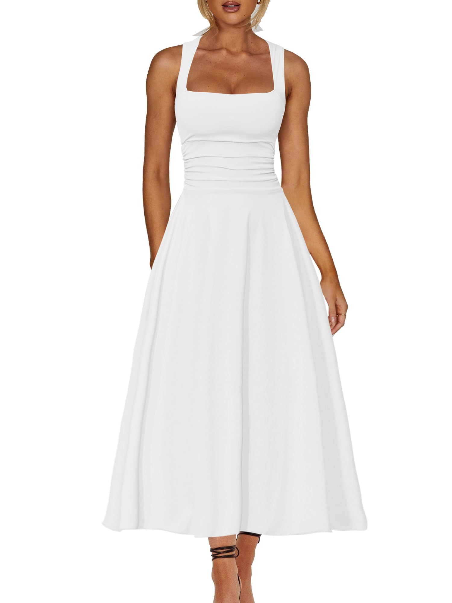 Kaximil Womens Square Neck Corset A Line Maxi Dress Ruffle Ruched Waist Flowy Long Dresses