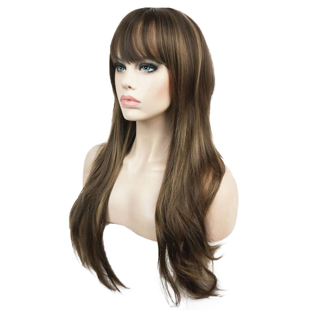 Aimole Women's Wig Long Straight Layered Wig Brown with Blonde Highlights Synthetic Wigs 24 Inches