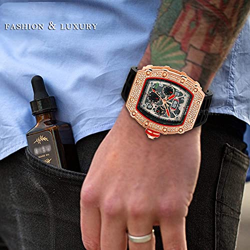 Gosasa Mens Diamond Watches Luxury Tonneau Watches for Men Analog Watch Chronograph Calendar Date Men’s Dress Business Work Watch Large Rectangle Face Wristwatch with Silicon Strap3