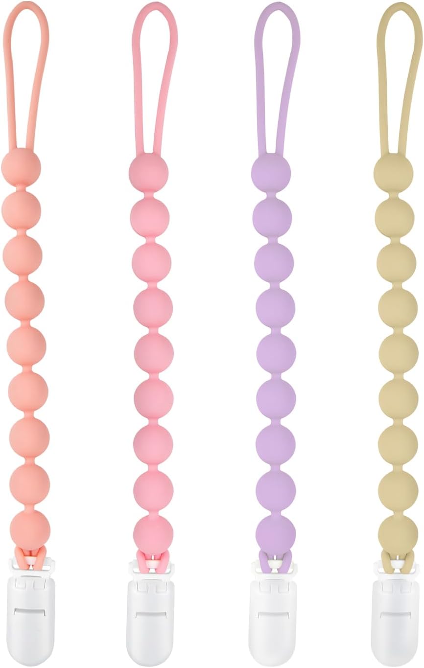 Silicone Pacifier Clip Holder, 4 Pack One Piece Soft Flexible Binky Clips Pacifier Holder Clip for Girls, Baby Girl Newborn Essentials