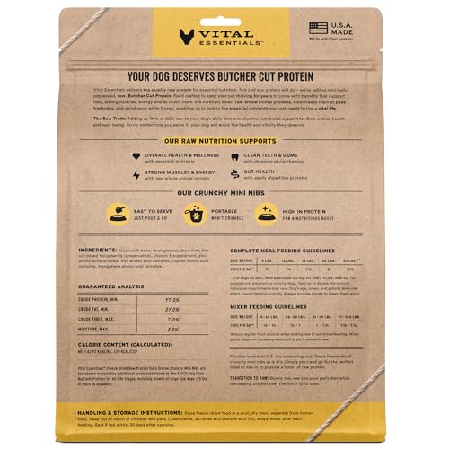 Image of Vital Essentials Freeze Dried Dog Food, Duck Mini Nibs, 25 oz Bag | Crunchy, Complete Meal or Topper, Made With 96% Duck, Organs & Bone, High Protein Raw Nutrition, Grain-Free Recipe