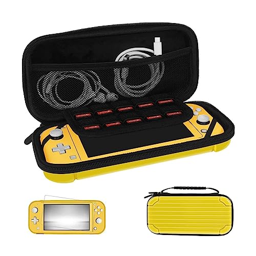 Carrying Case for Switch Lite with Glass Screen Protector, Portable Hard Shell Travel Case Storage Bag for Switch Lite Console and Accessories holds 10 Game Cartridges – Yellow