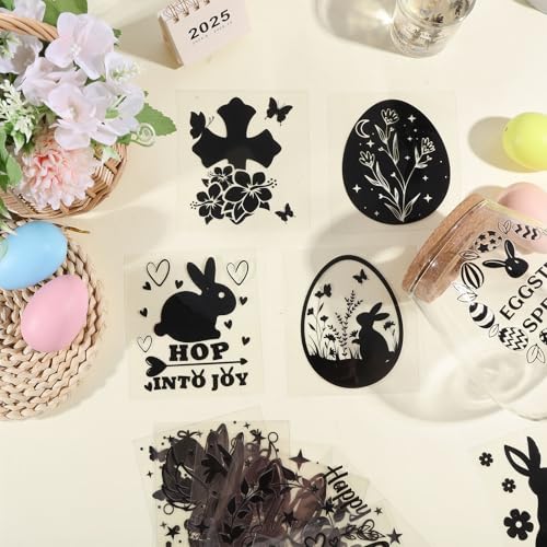 GLOBLELAND 18 Sheets Easter Bunny Eggs Rub on Transfer 3.9x3.6inch Rabbit Garland Carrot Home Decals Flower Leaves Cup Transfer Decals for Furniture Vase Glass Art Crafts Decorations - Image 4