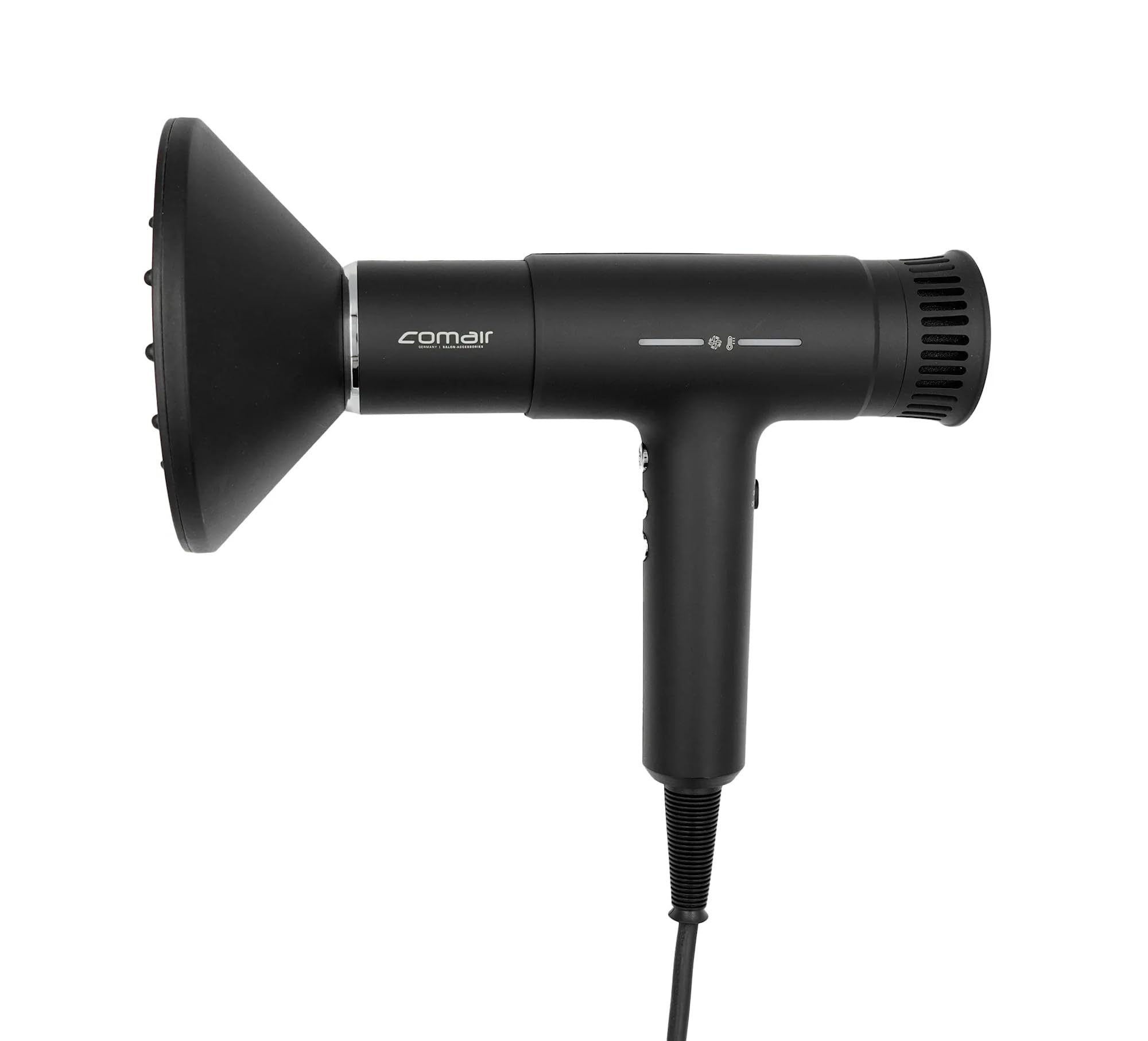 Comair T Power Haartrockner Profi Föhn, Diffusor + 2 Stylingdüsen + Tasche | 2200 W Föhn, Brushless-Motor 70.000 U/min, 3 Temperatur- und 3 Gebläsestufen, Kaltlufttaste, Ionen-Technologie. Sperrschalter