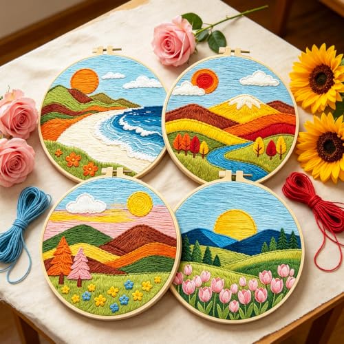 Image of BEUNITONE 4 Set Embroidery Kit for Adults Beginner with Hoops & Instruction | Easy to Learn Landscape Stamped Embroidery Patterns, Includes Multiple Accessories, Gift for Craft Lovers Relaxation