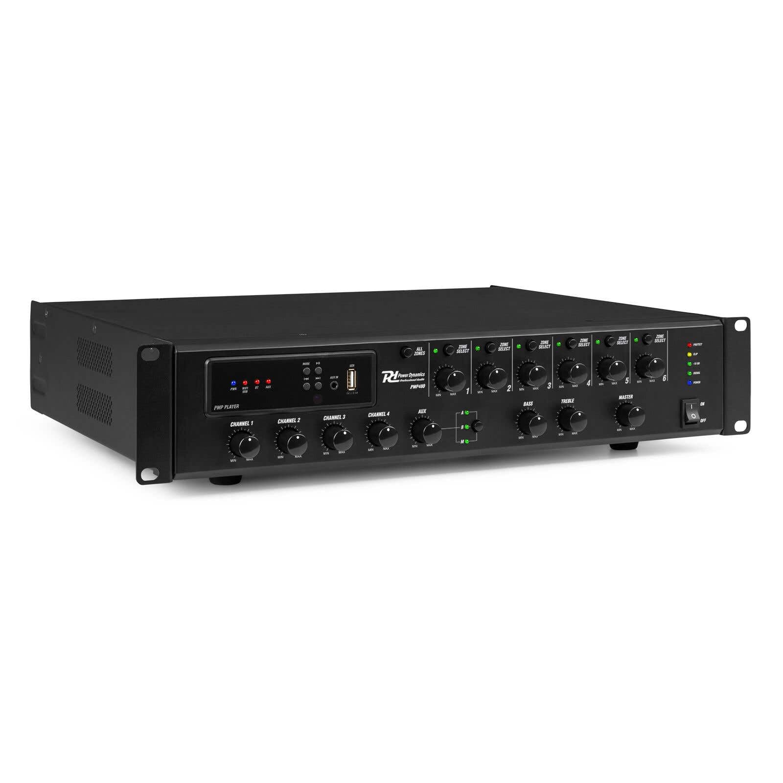 Power Dynamics PMP480 Amplificatore 100 V 6 Zone - 480 Watt, 4 canali, 70 V/100 V, 4-16 Ohm, ingresso Micro RJ45, alimentazione fantasma, ideale per suonare un negozio, centro commerciale