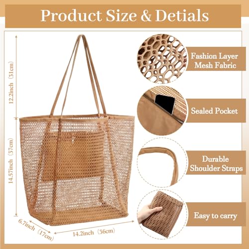 Image of Aliceset 2 Pack Crochet Mesh Beach Tote Bag with Letter Patch Pocket Summer Beach Tote Bohemian Straw Transparent Bag