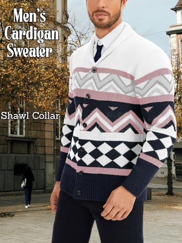 Mens Cardigan Sweater, Shawl Collar Long Sleeve Button Down Color Block Graphic Print, Fall Winter Casual Outfits2