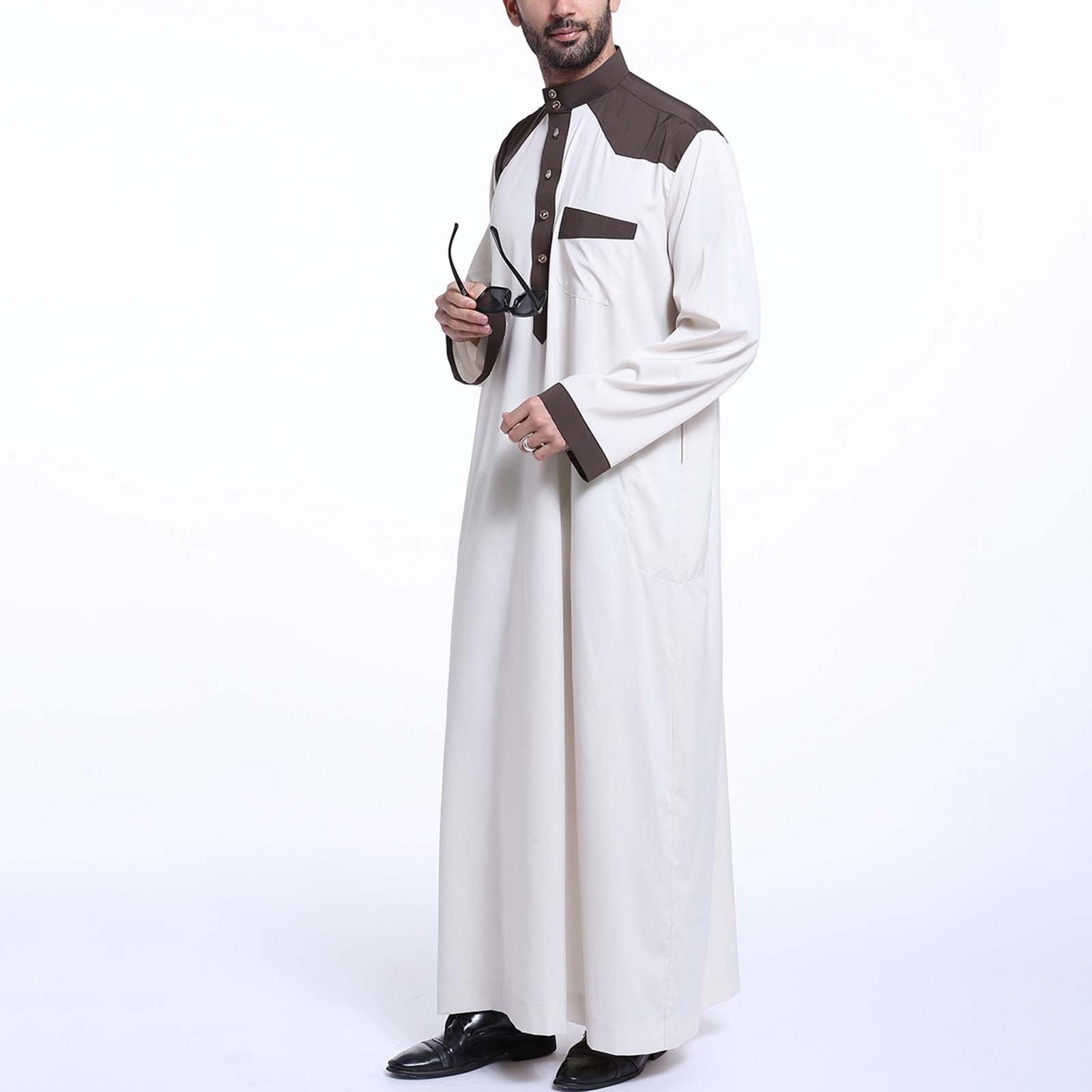Męski muzułmański Thobe Jubba Kaftan, islamski szlafrok z długim rękawem z kontrastowym kołnierzem i kieszenią, tradycyjna arabska odzież modlitewna na meczet Eid Ramadan