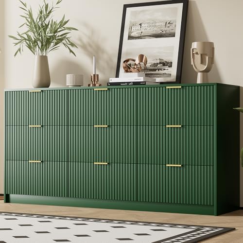 Image of Furniway Green Dresser for Bedroom, Modern Dresser with 9 Drawers and Smooth Slides, Wide Chest of Drawers with Golden Handles for Bedroom, Living Room, Closet, 15.7 inch D x 63 inch W x 31.5 inch H