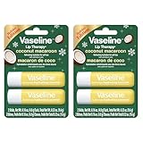Vaseline Lip Therapy Holiday Edition Coconut Macaroon, Refreshing Hydration with Petroleum Jelly, 2 Pack with 4 Sticks, 0.16 oz Each