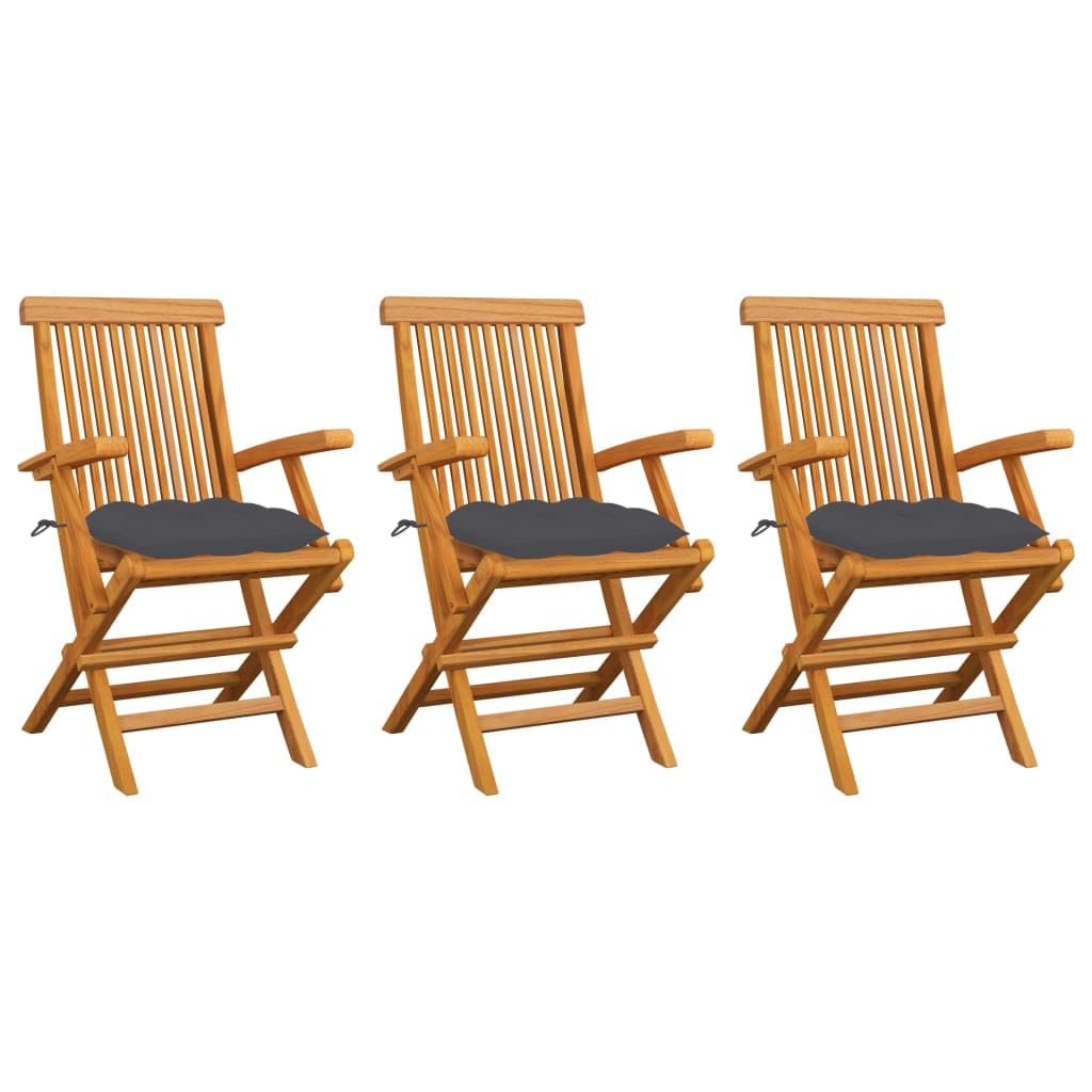 Chaise de jardin en teck massif lot de 3 avec coussin anthracite durable
