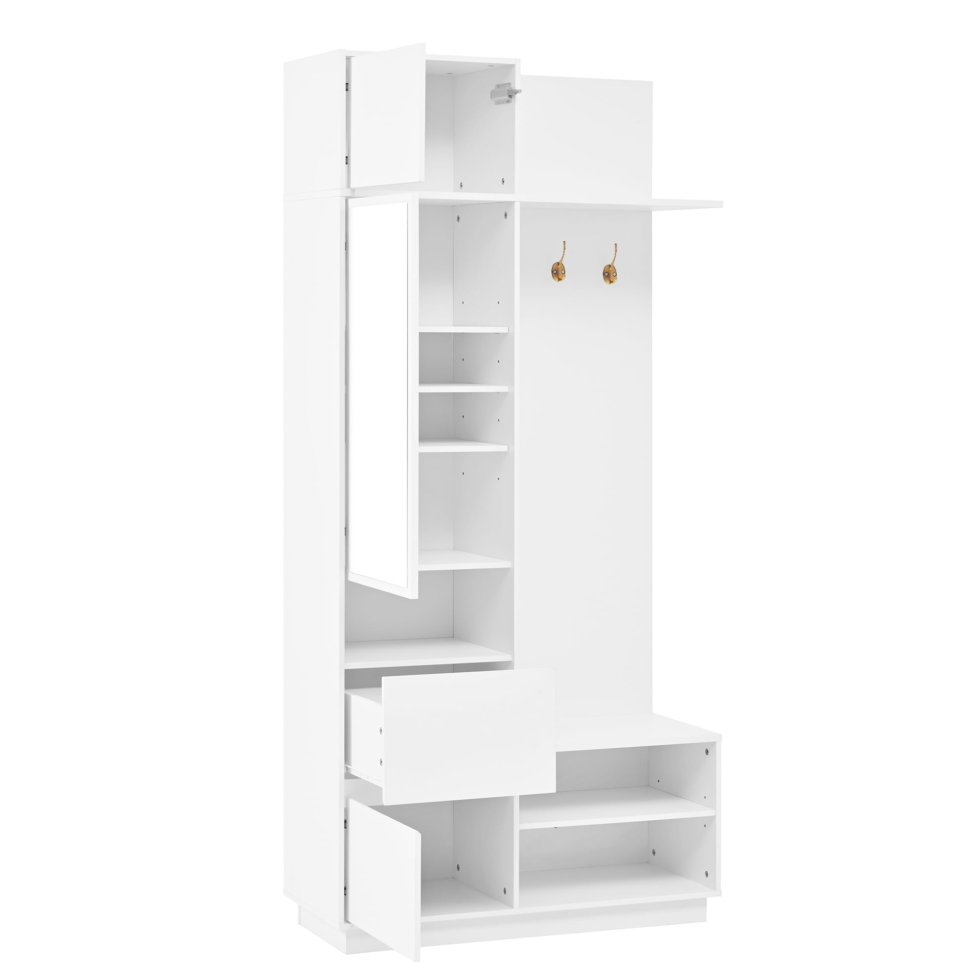 Garderobenset Hoch 190 cm mit Spiegel und Sitzbank, Garderobenschrank Flurgarderoben Set mit Haken und Schuhschrank, Weiß
