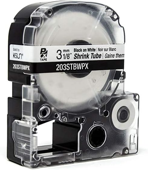 Epson LABELWORKS 203STBWPX Tape Cartridge - Black on White Shrink Tube Industrial Label Maker Tape - AWG 16-22, 1/8" (3MM) Wide, 8 ft (96")