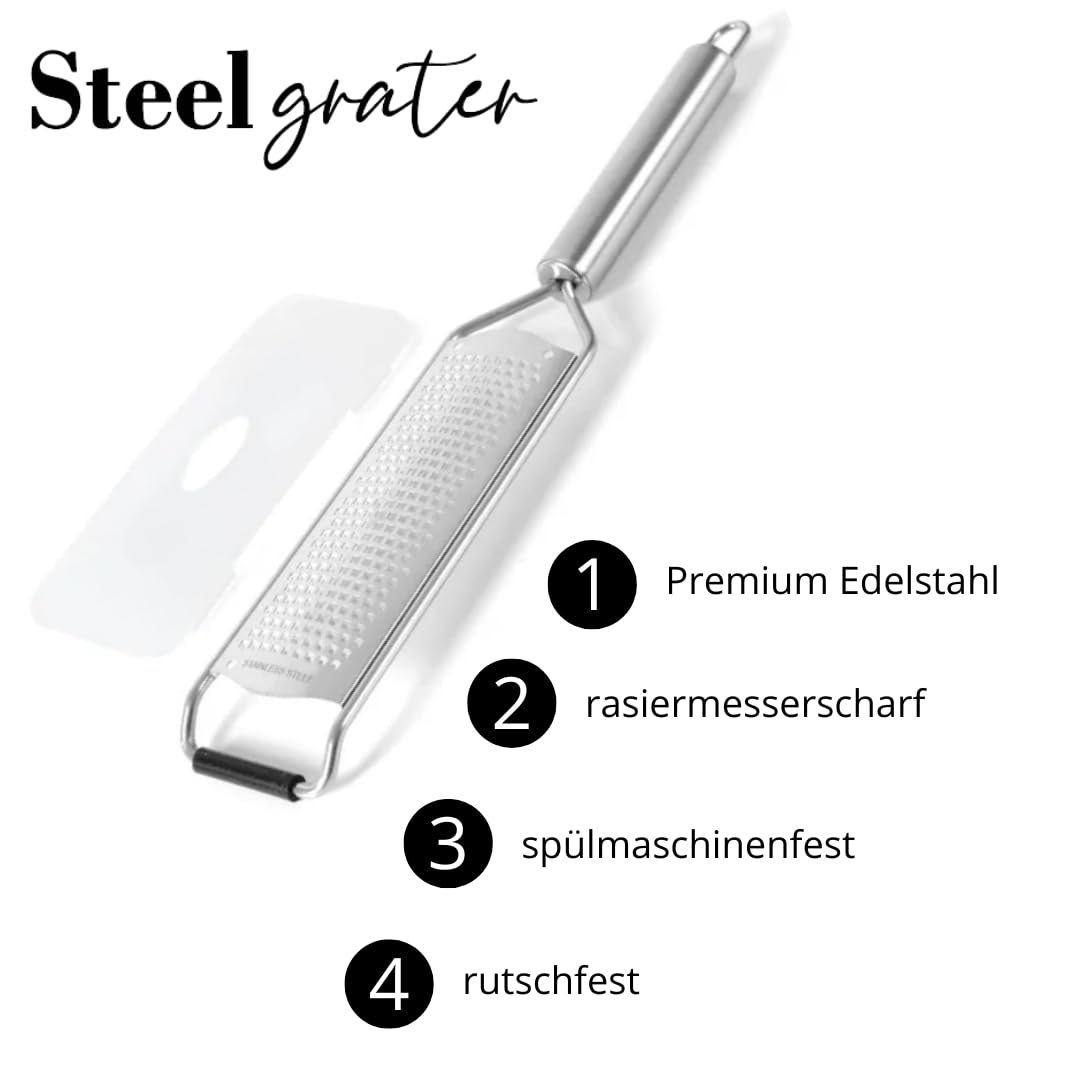 STEELGRATER -Käsereibe,Parmesanreibe,Zitronenreibe mit großer und scharfer Reibeoberfläche aus Premium 100% Edelstahl Stainless Steel rutschfest Robust und Spülmaschinengeeignet