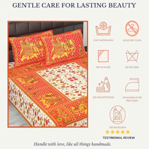 Image of JAIPUR PRINTS 160-TC, 100% Cotton Bedsheet for Double Size Bed bedsheets Rajasthani Traditional Double Size Bedsheet with 2 Pillow Cover /90x100 inch /235x215cm /Soft-Breathable & Durable /Orange Gangor