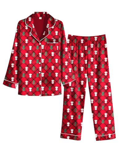 Image of Ekouaer Women Satin Pajamas Set Classic Button Down Long Pjs Set