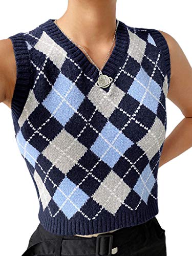 Women Plaid Knitwear Crop Tank Top V Neck Y2K Argyle Preppy E-Girls Vintage Sweater Vest Streetwear (Dark Blue, S)