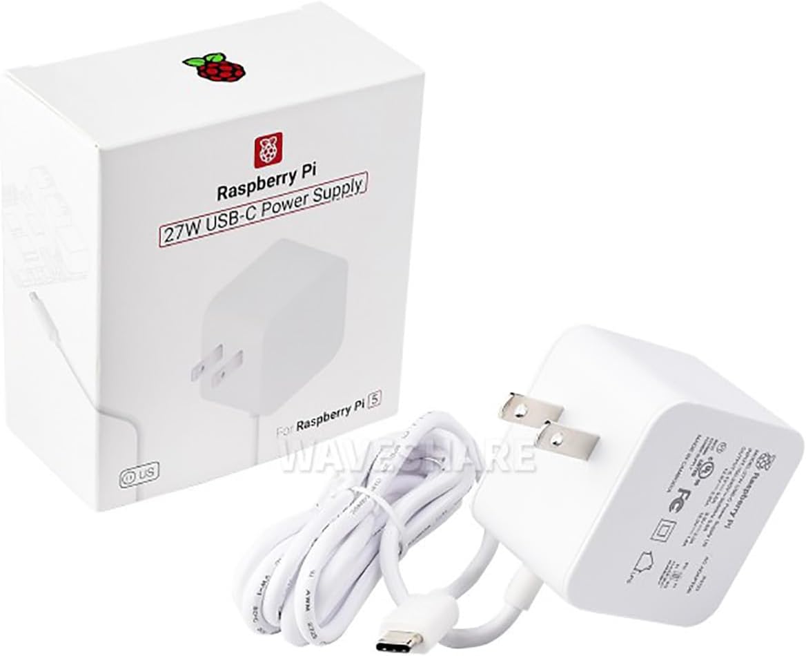 Official 27W USB Type-C Power Supply for Raspberry Pi 5 Output 5.1V/5A, 9V/3A, 12V/2.25A, 15V/1.8A 1.2m Cable Length