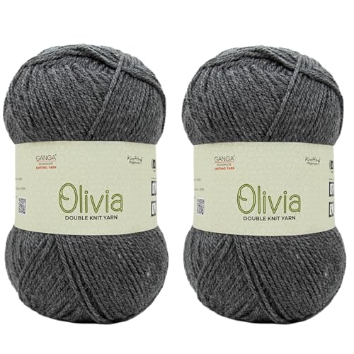 Image of Ganga Acrowools Acrylic Olivia,Double Knit Yarn. Hand Knitting&Crochet Yarn. Oekotex Class 1 Certified. Pack of 2 Balls-100Gms Each. Shade No-Olv010, Charcoal Grey