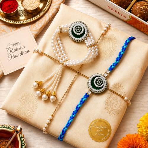 Image of Bhaiya Bhabhi Rakhi Set with Pearl Bracelet | Designer Rakhi for Brother & Bhabhi | Traditional Raksha Bandhan
